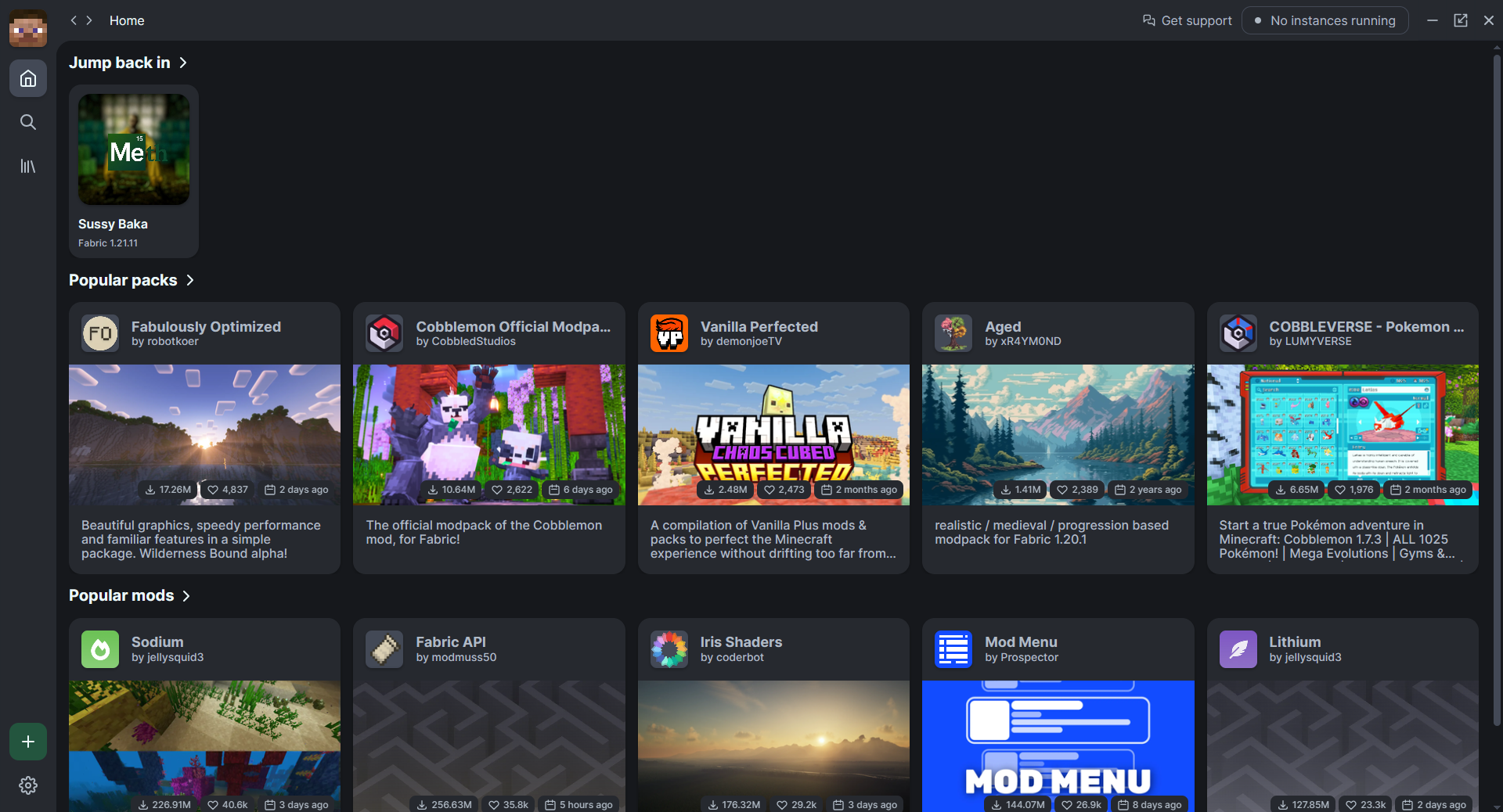 The Lightrinth launcher: Jump back in with the Sussy Baka instance, Popular packs and Popular mods, the rail on the left, and Get support and account buttons in the title bar